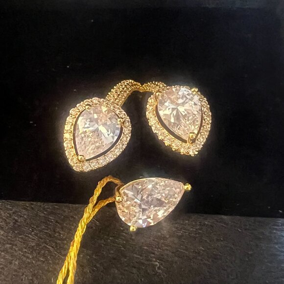 EyeCandy Los Angeles Statement Ring Gold Tone Triple Pear CZ Halo Cocktail Sz 8” - Picture 2 of 10